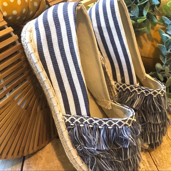 New! Boho Espadrille Slip On Blue & Ivory Stripes - Picture 3 of 8